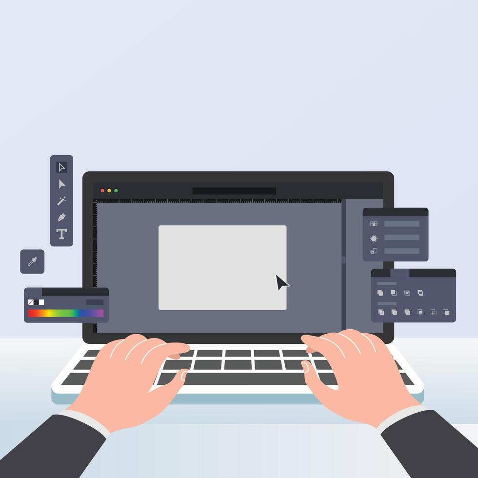 Creative graphic designer working on laptop keyboard vector