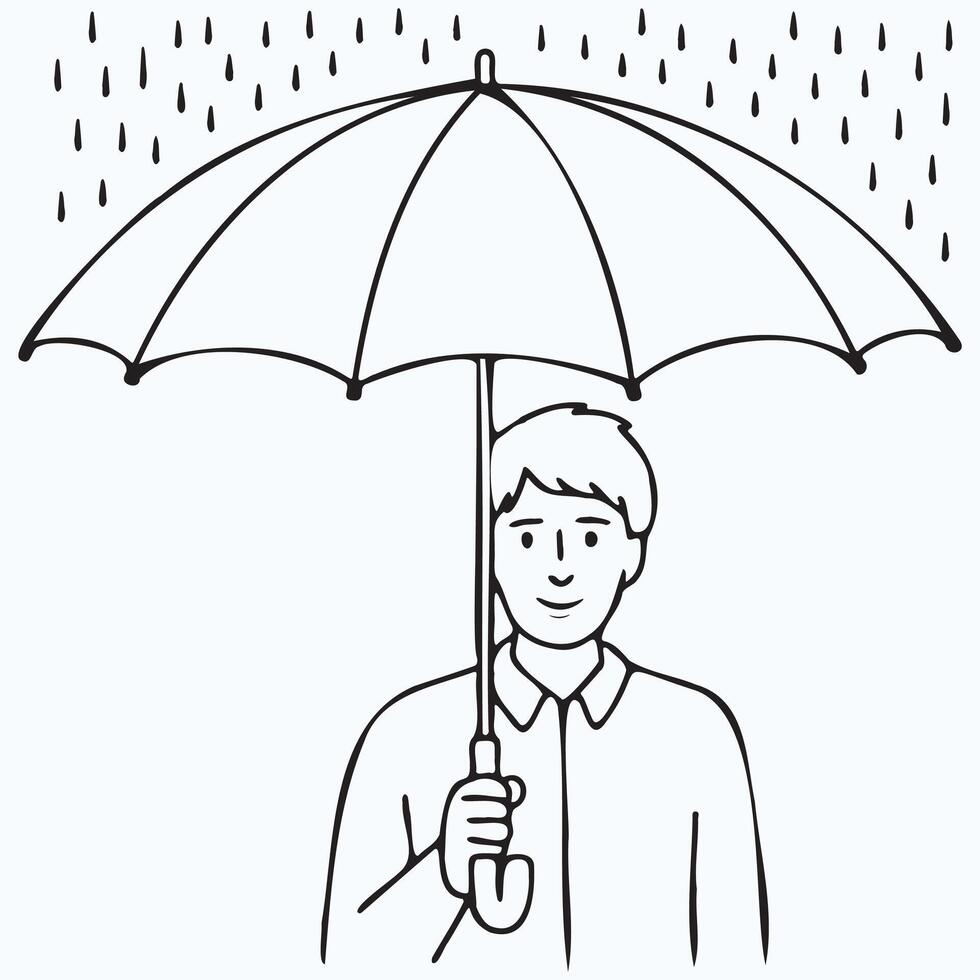 Young man walking under umbrella vector