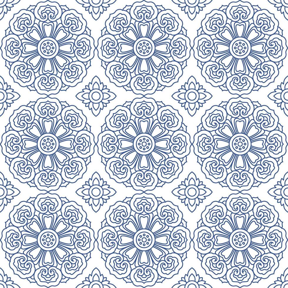 white and Blue Ornamental Seamless Pattern with Buddhist Wheel of Samsara and Azulejo Tile Motifs vector