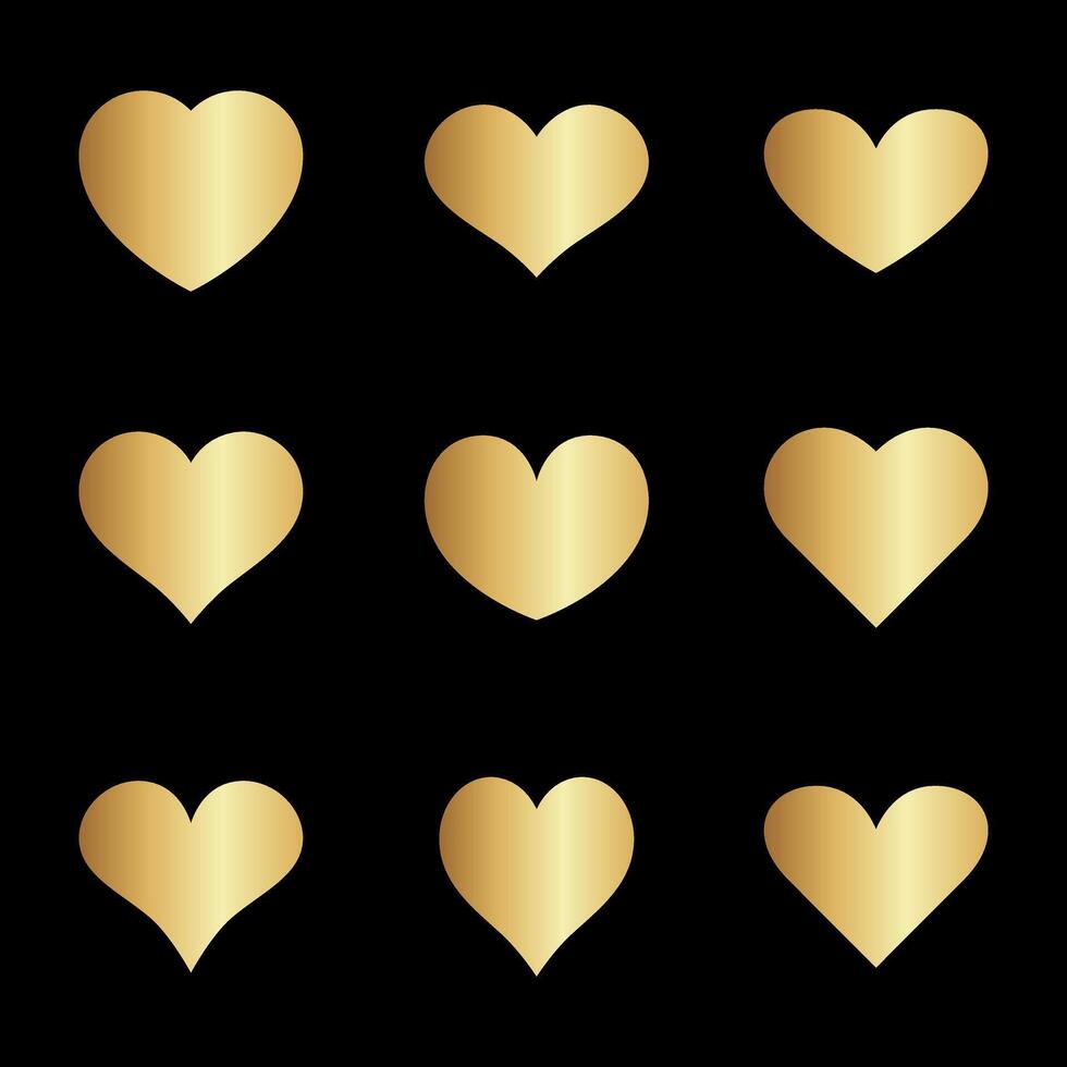 Collection of shiny gold hearts set of golden heart shapes on black background vector