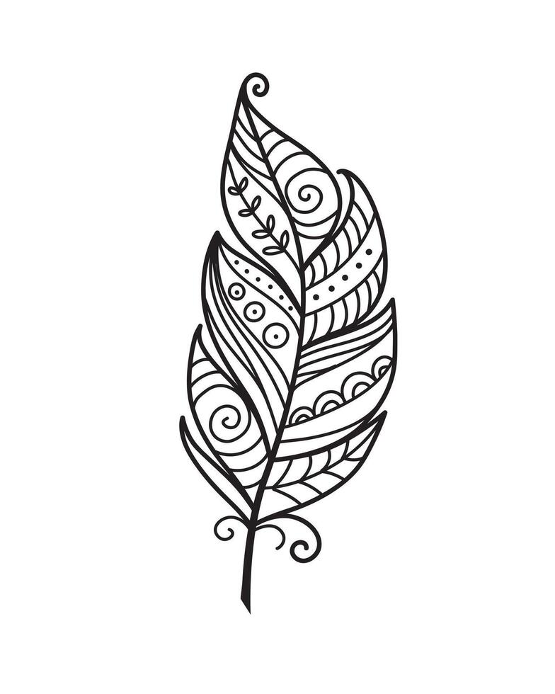 Black outline feather sketch with decorative doodle details vector