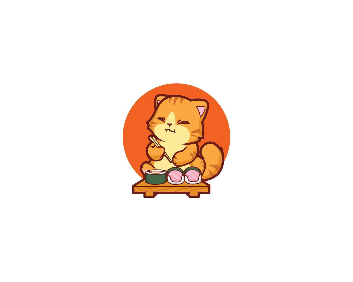 cute cat sitting eating sushi mascot vector