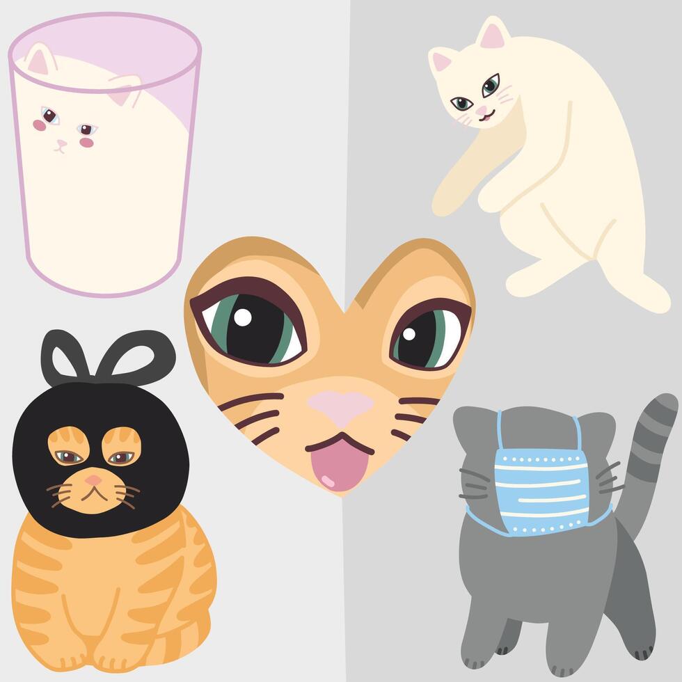 Set of funny cat in glass, sleeping, thief, paper, and mask wearing meme illustration vector