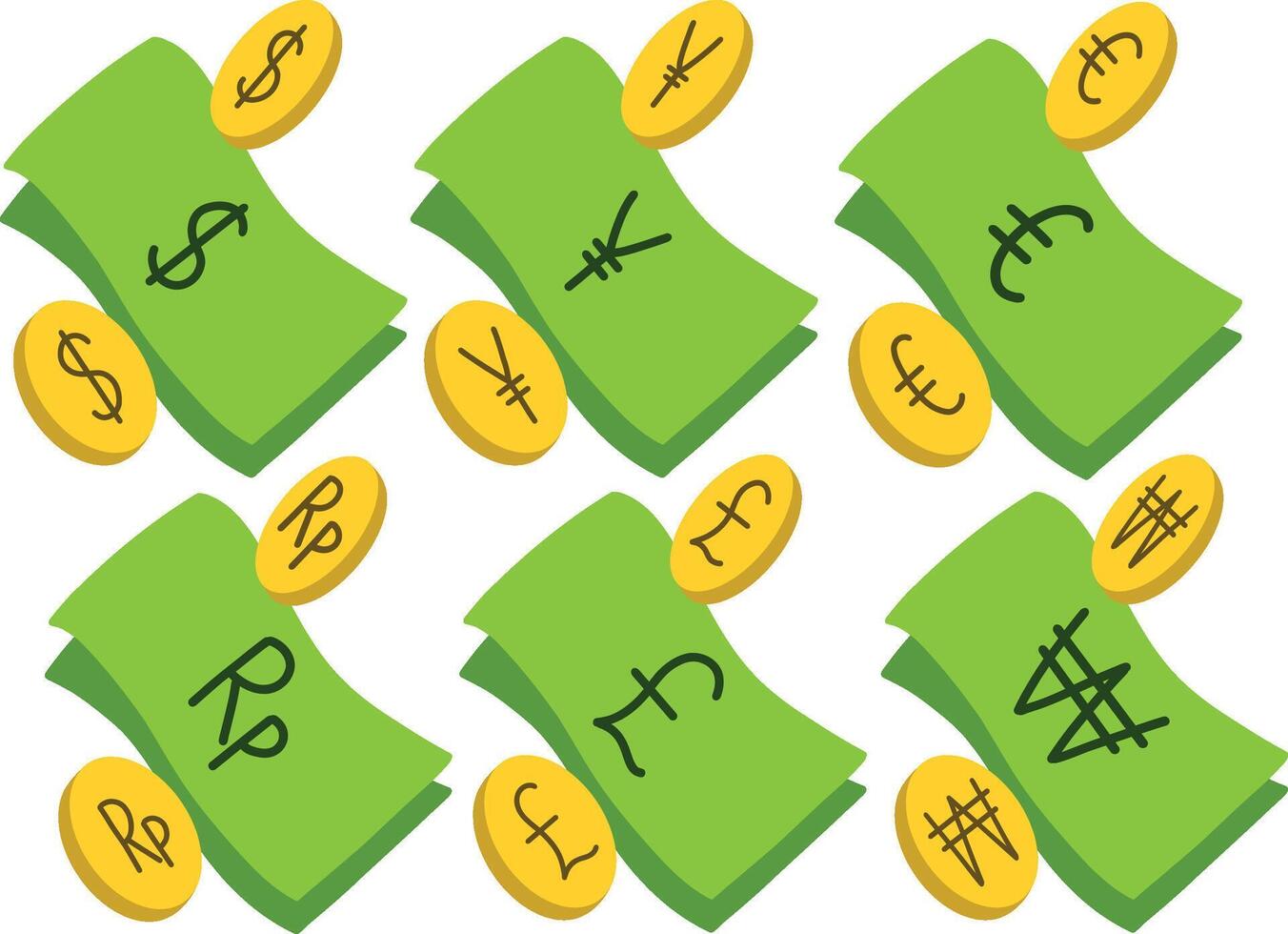 Set of paper money and coin in several country currency illustration vector