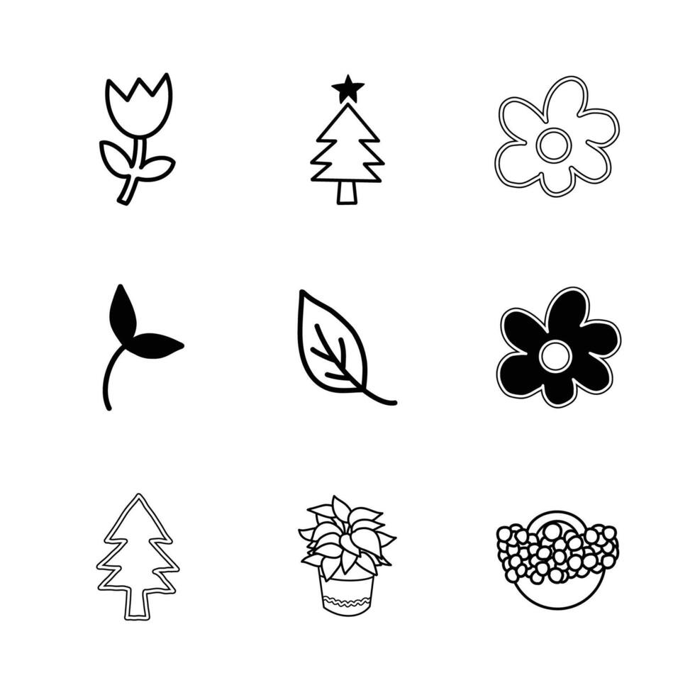 Set of 9 foliage icons of flower, leaf, and tree illustration vector