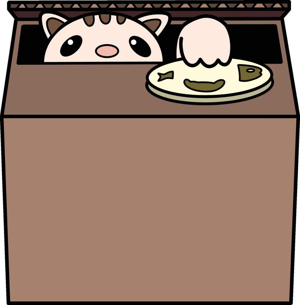 Colored cute cat inside a cardboard box with fish button toy with outline illustration vector