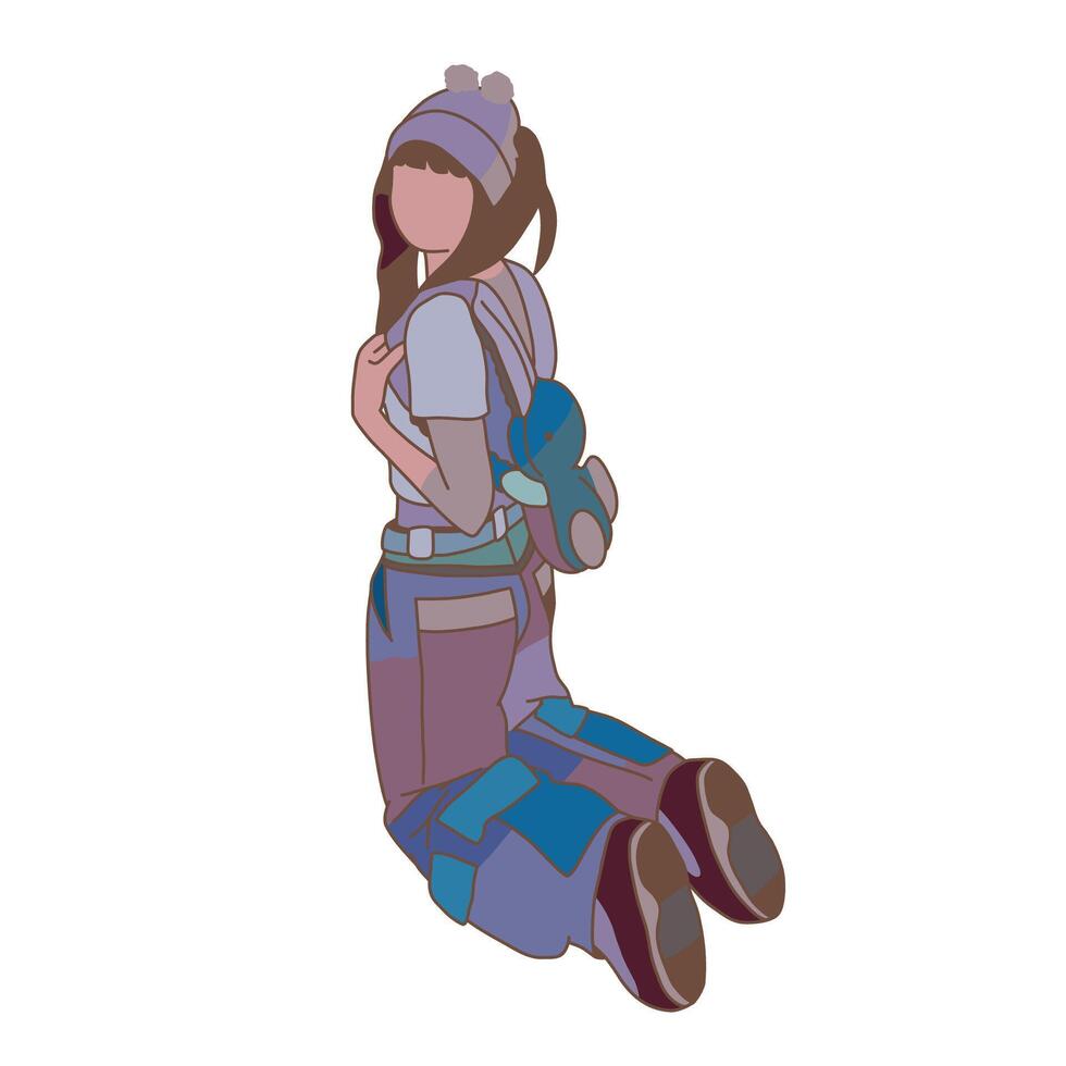 Trendy girl wearing a beanie and cute bunny backpack full color design illustration vector