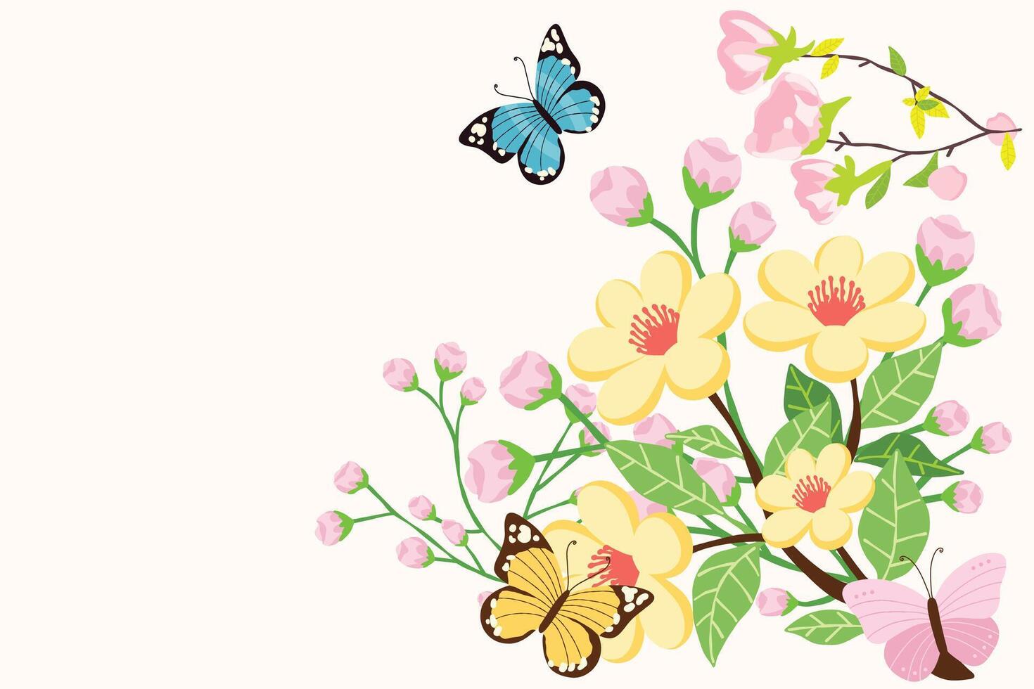 Beautiful spring theme background of fresh flowers and colorful butterflies design illustration vector