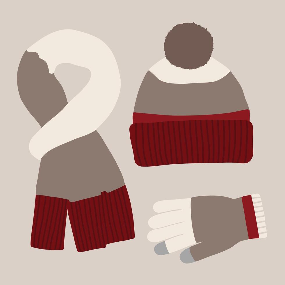 set of red knitted winter gloves, hat, and scarf illustration vector