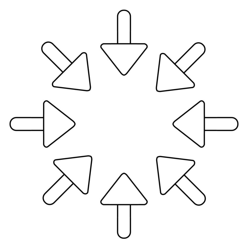 Multiple outline black line arrows in a circular pattern pointing inward vector