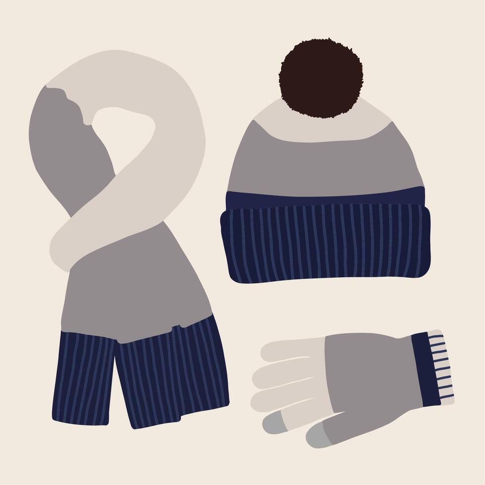 Set of blue knitted winter gloves, hat, and scarf illustration vector
