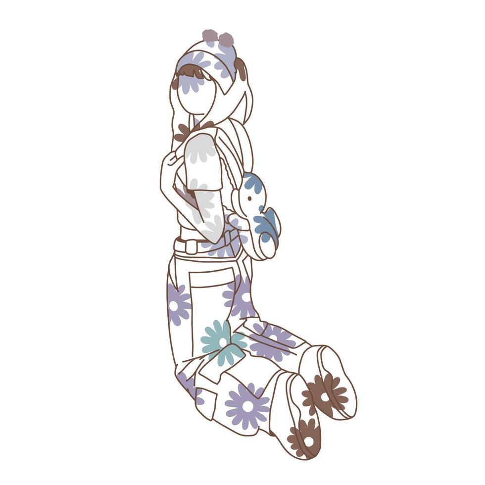 Trendy girl wearing a beanie and cute bunny backpack with only line art and flower accent design illustration vector