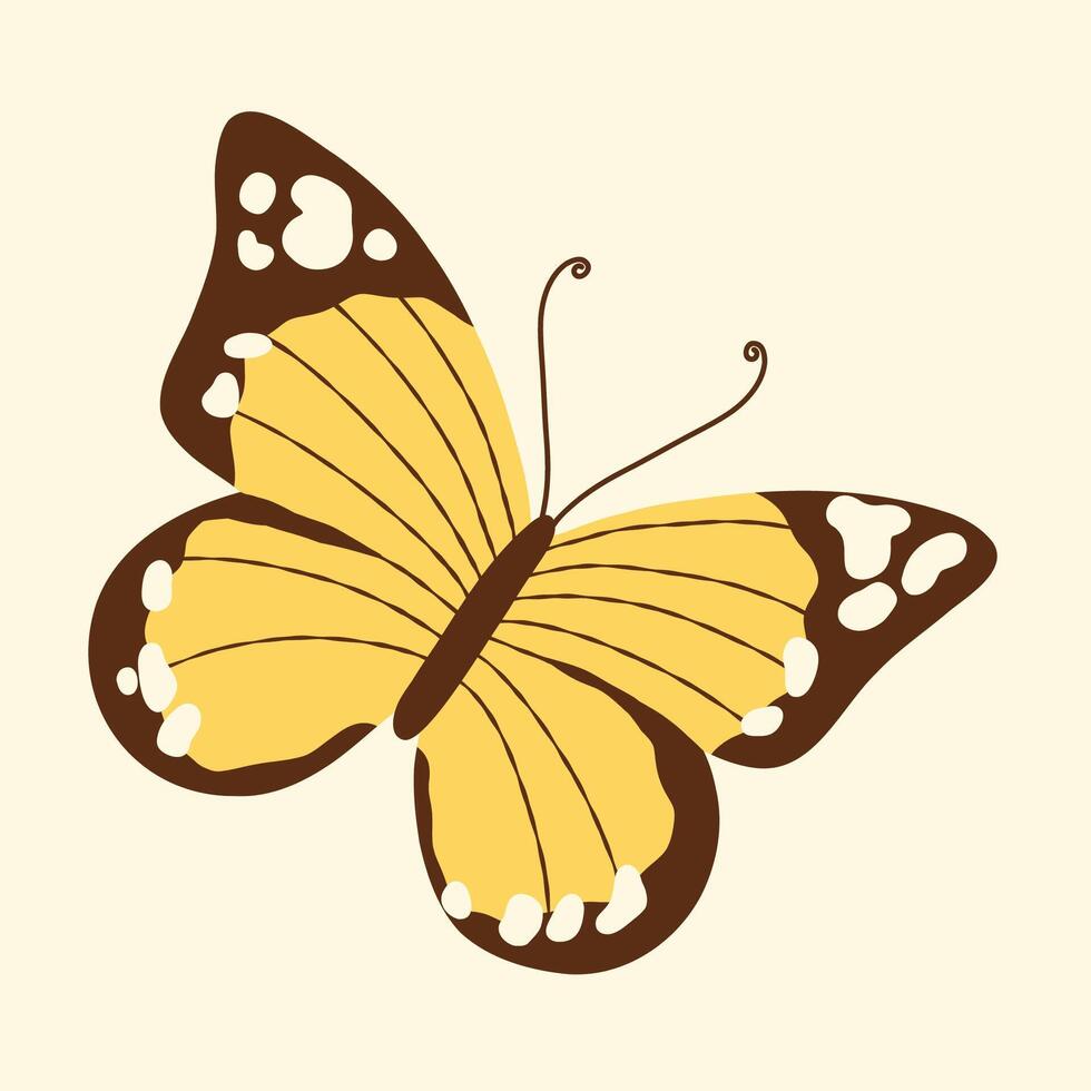 Yellow butterfly with dark outline and white dots isolated on white background illustration vector