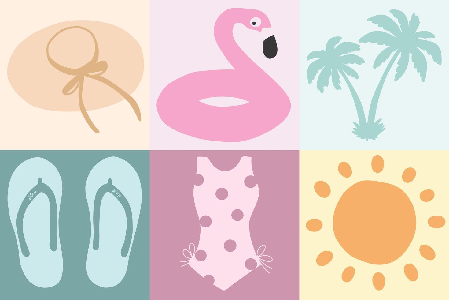 Set of Summer design of beach hat, pink flamingo swimming buoy, coconut palm tree, swimsuit, flip flop, orange sun in pastel colors for banners, greeting cards, sale posters, holiday covers vector