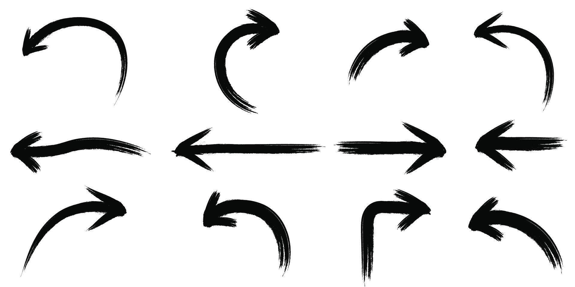 Left right curve direction pointing brush style arrows black silhouette design elements vector