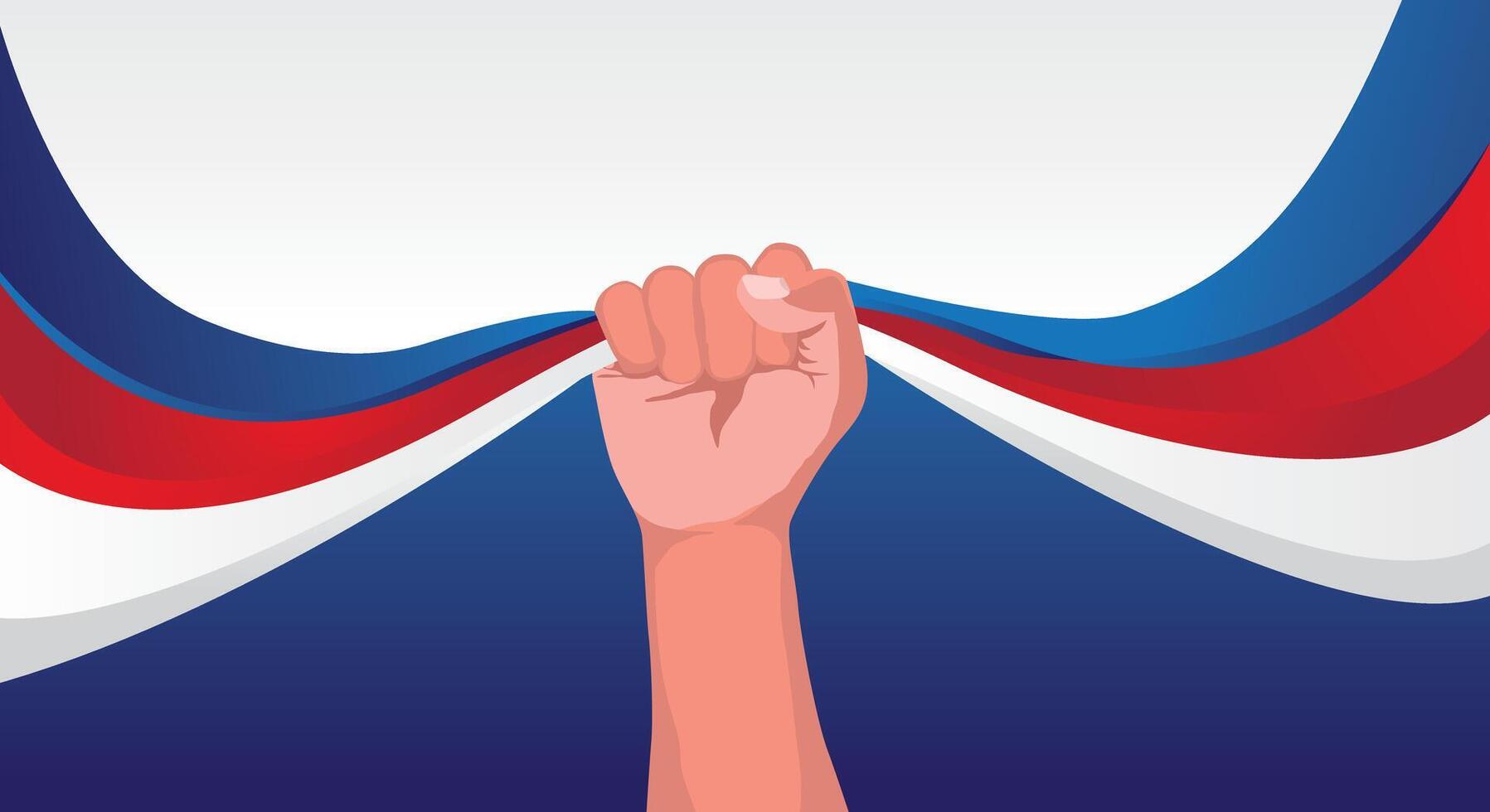 Background design of hands holding blue red white flag, Freedom day poster vector