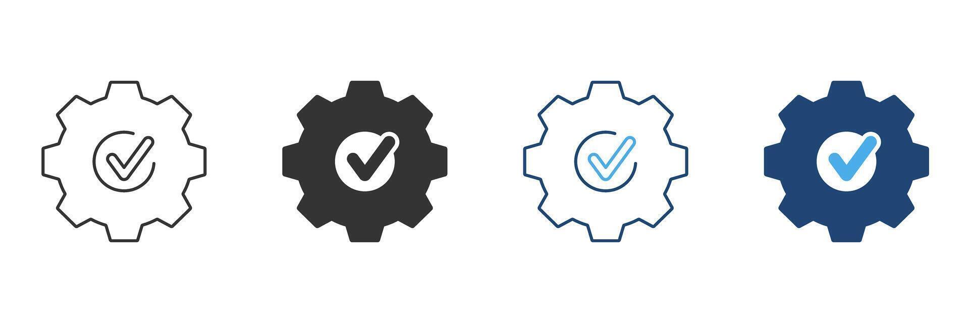 Gear With Checkmark Line And Solid Icon Set. Quality Assurance, System Optimization, And Task Completion Symbol Collection. Process Efficiency And Reliability. Isolated Illustration vector