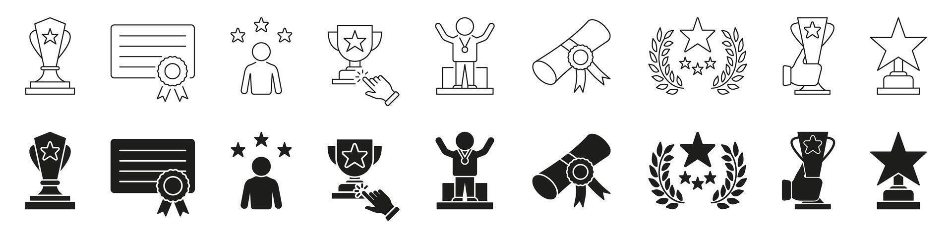 Awards And Recognition Line And Solid Icon Set. Achievement, Excellence, And Success Symbol Collection. Trophies, Medals, Certificates, And Laurels. Isolated Illustration vector