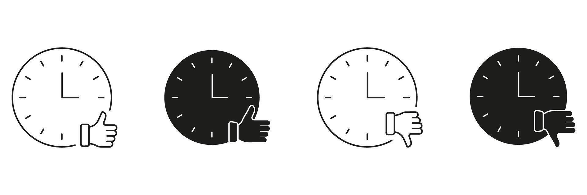 Clock With Thumbs Up And Down Line And Solid Icon Set. Time Management, Decision Making, Feedback Evaluation Symbol Collection. Productivity And Efficiency. Isolated Illustration vector