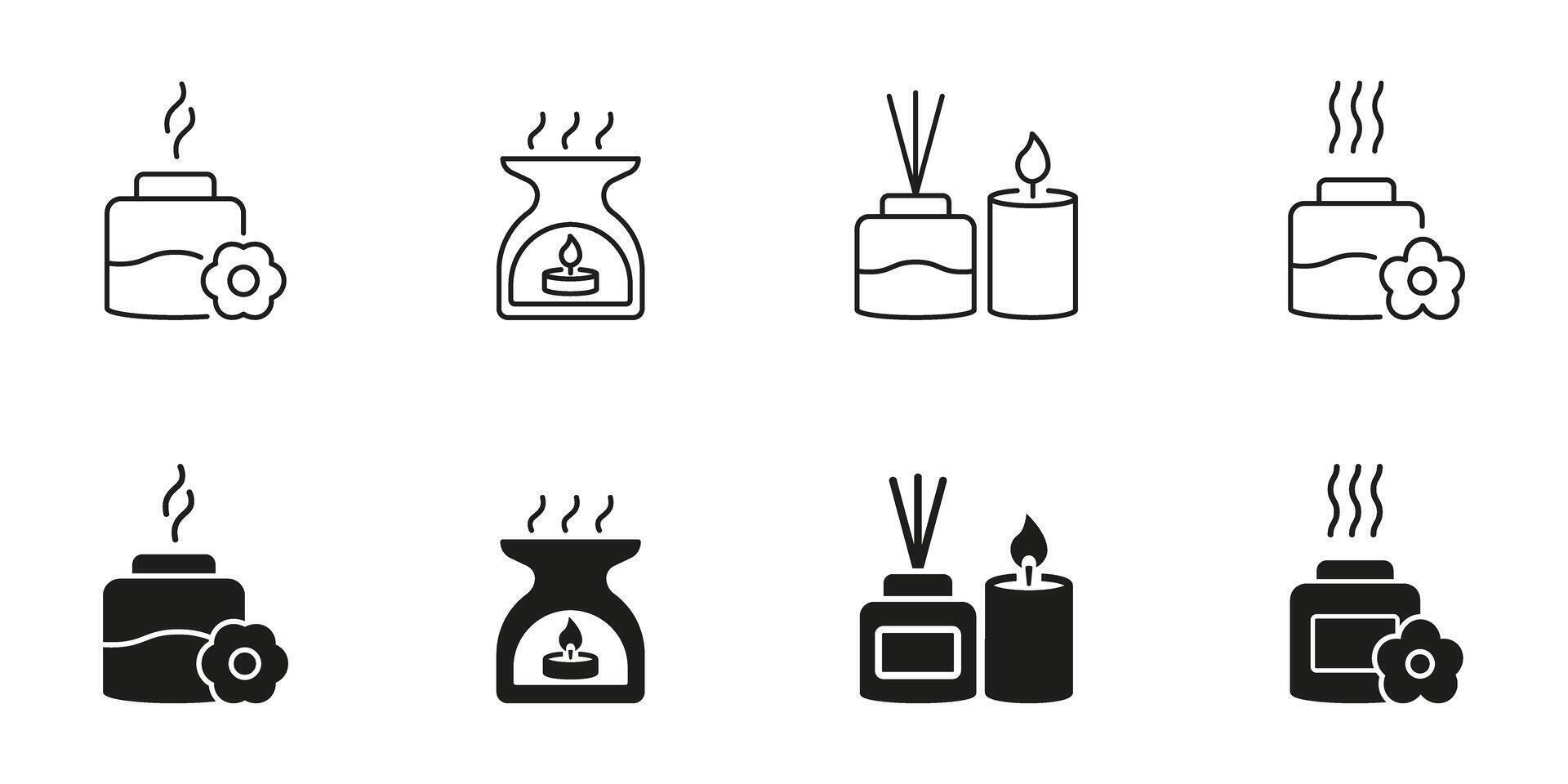 Aromatherapy And Scented Candle Line And Solid Icon Set. Relaxation, Home Fragrance, And Spa Ambiance Symbol Collection. Essential Oils And Diffusers. Isolated Illustration vector