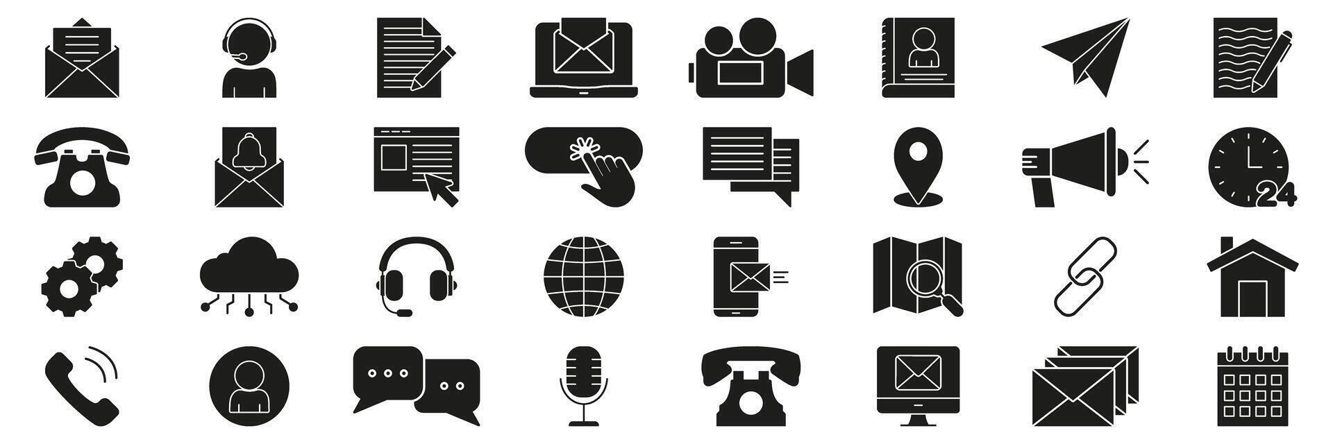 Communication And Technology Solid Icon Set. Email, Messaging, And Digital Interaction Silhouette Symbol Collection. Includes Phone, Cloud, And Map Icons. Isolated Illustration vector