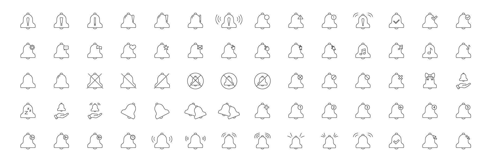 Notification Bell Icon Set. Alert, Reminder, And Notification Symbol Collection. Includes Variations For Settings, Messages, Mute, And More. Editable Stroke. Isolated Illustration vector