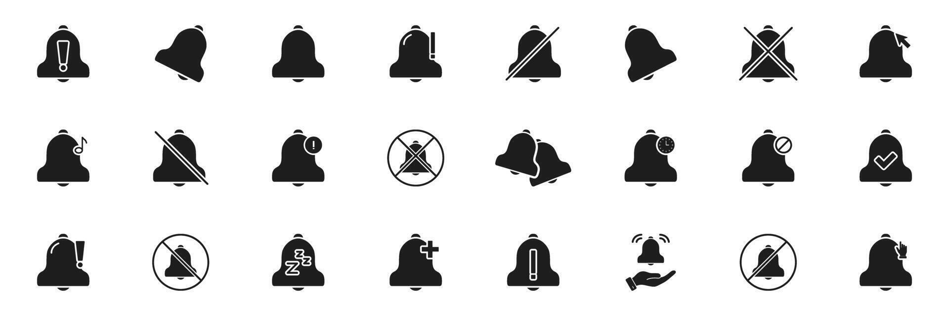 Notification Bell Solid Icon Set. Alert, Mute, Snooze, And Reminder Silhouette Symbol Collection. Various Notification States And Actions. Isolated Illustration vector