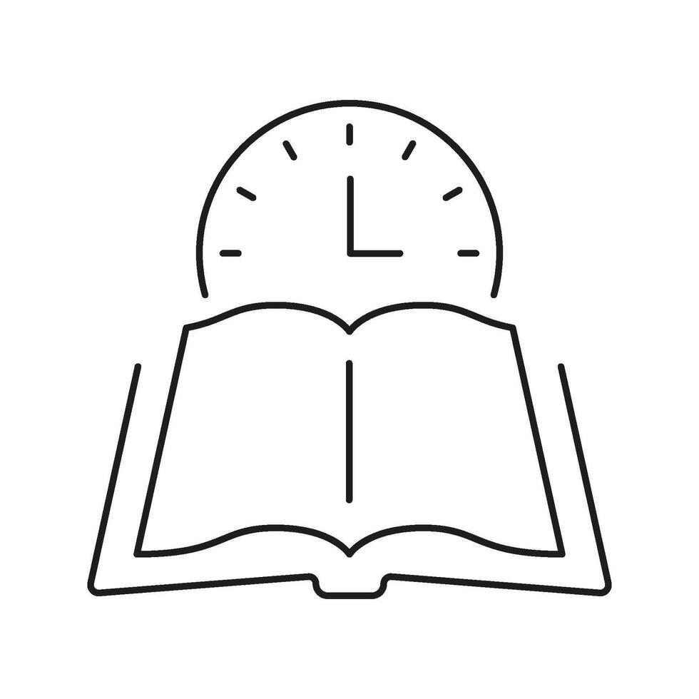 Open Book With Clock Line Icon. Time Management, Study Scheduling, And Learning Planning Outline Symbol. Educational Efficiency And Productivity. Editable Stroke. Isolated Illustration vector