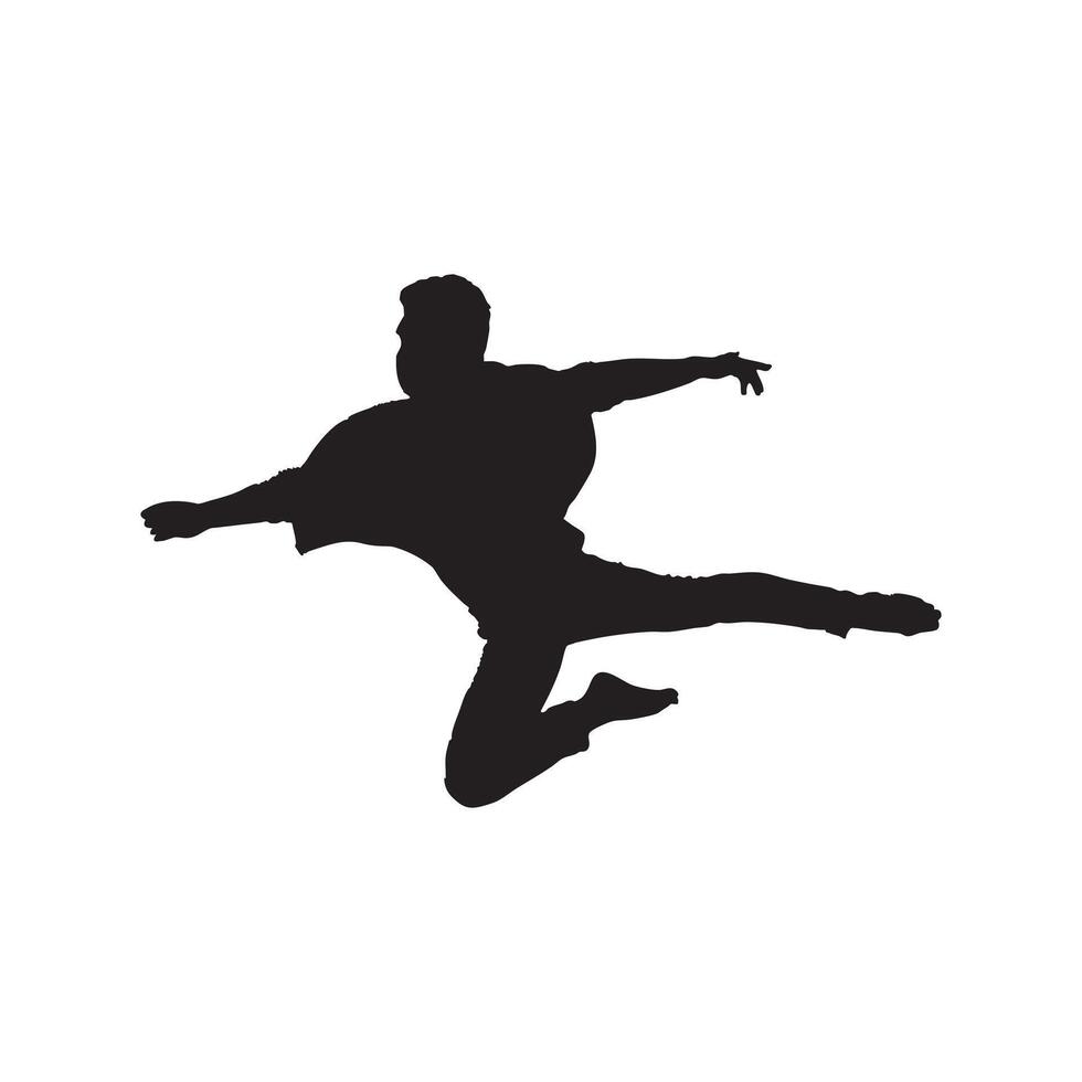 Silhouette of a male dancer in an action pose, showcasing a slim man in a dynamic dance movement. vector