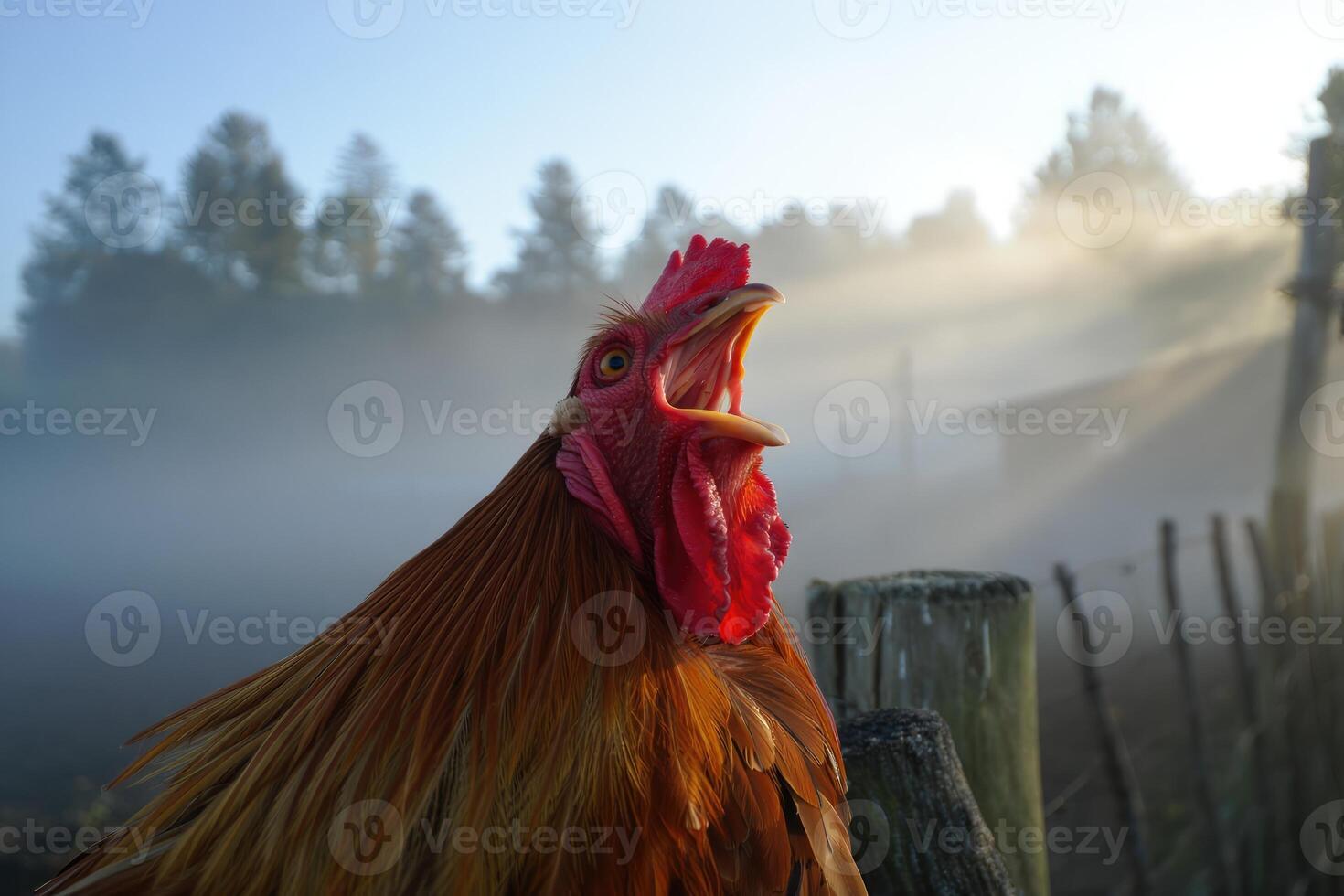 Rooster crowing at dawn in a misty farmyard setting photo