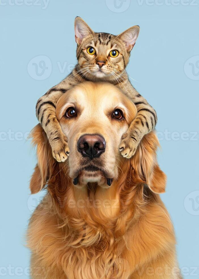 Playful dog and cat together in a humorous pose against a light blue backdrop photo