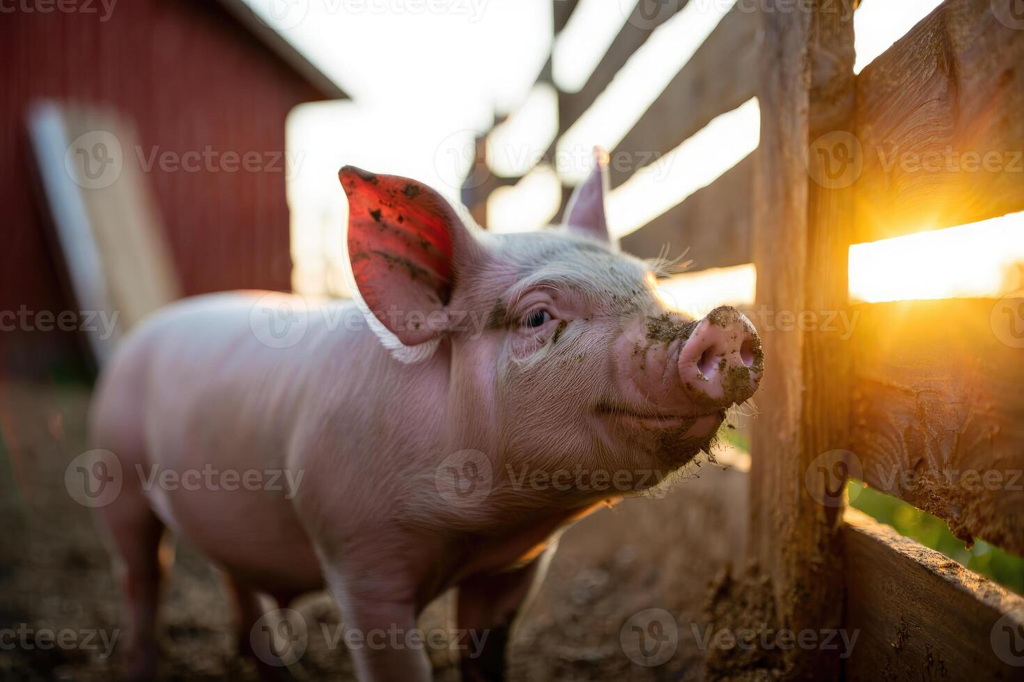 Farm pig enjoying sunset near wooden fence in rural area photo