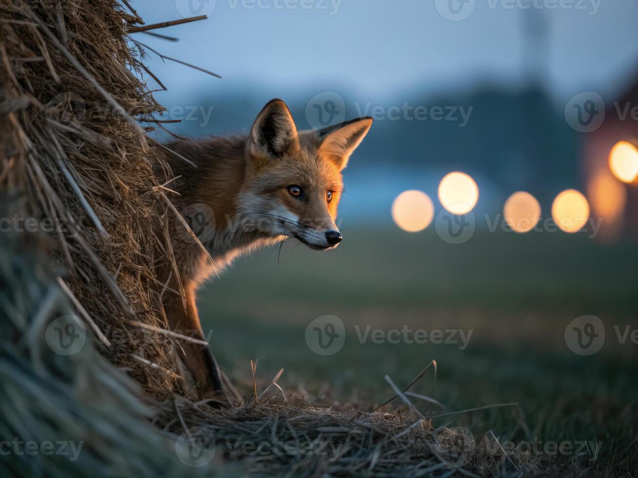 Fox observes farm animals at twilight from behind a haystack on a peaceful evening photo