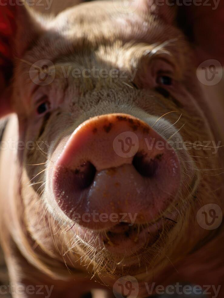 Close up view of a pig enjoying its day on a sunny farm in early spring photo