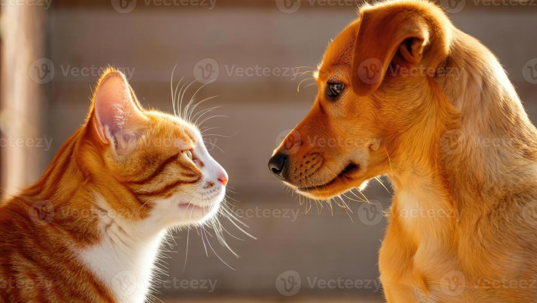 Friendly cat and dog share a moment of connection on a sunny afternoon photo