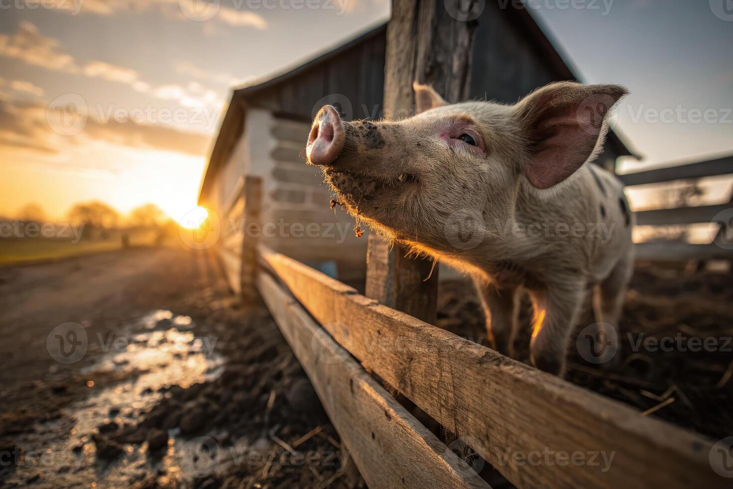 Curious piglet exploring the farm at sunset with mud on its snout photo