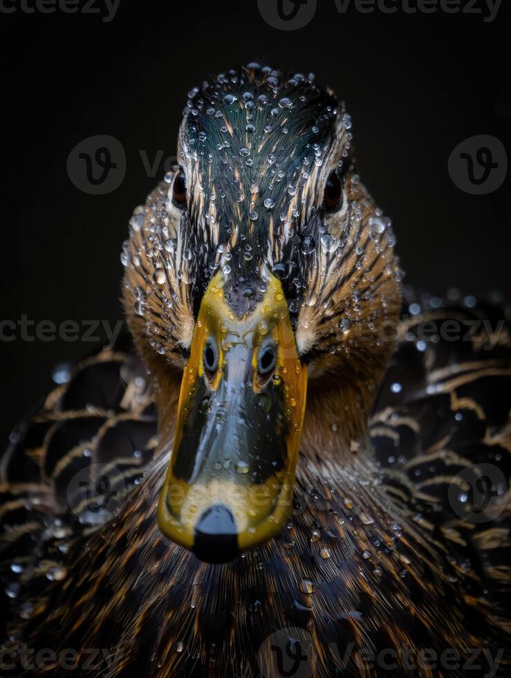 Close up view of a wet duck showcasing vibrant plumage and water droplets in soft light photo