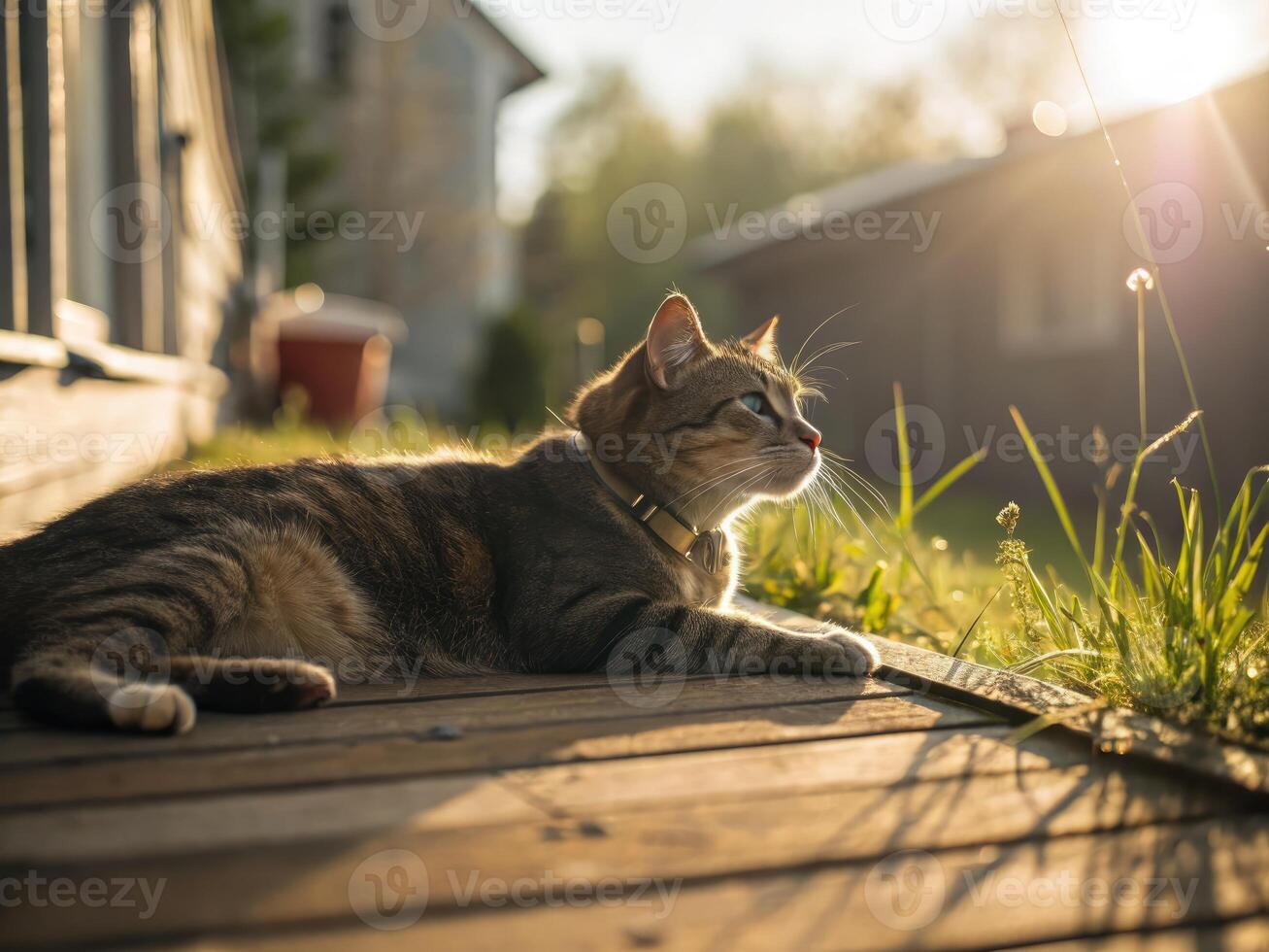 Close up of a relaxed cat lounging on wooden deck in a sunlit farm setting during evening photo