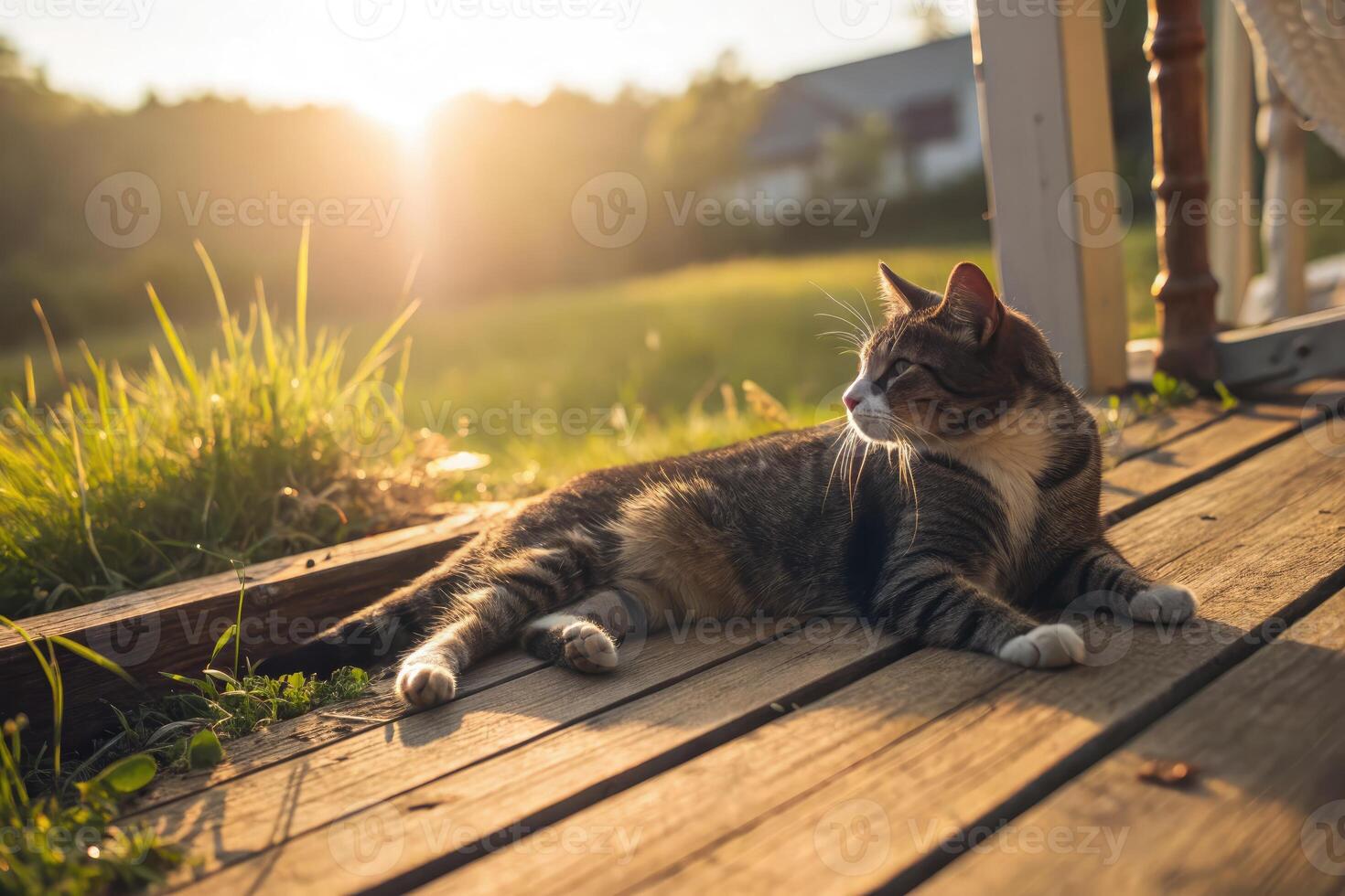 Cat enjoys a sunny afternoon on a wooden deck in a peaceful farm setting photo