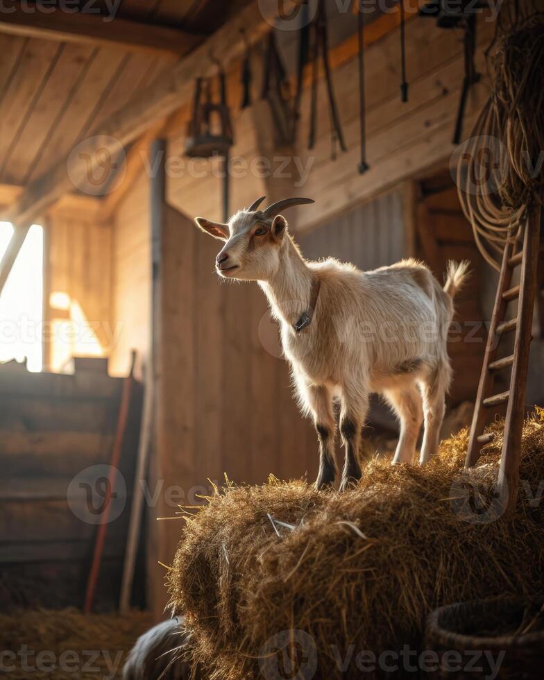 Goat standing proudly on a haystack in a warm toned farm barn during golden hour photo