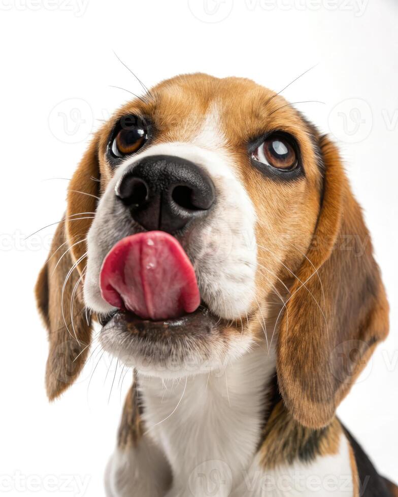 Beagle puppy eagerly licking its nose in a playful moment indoors photo