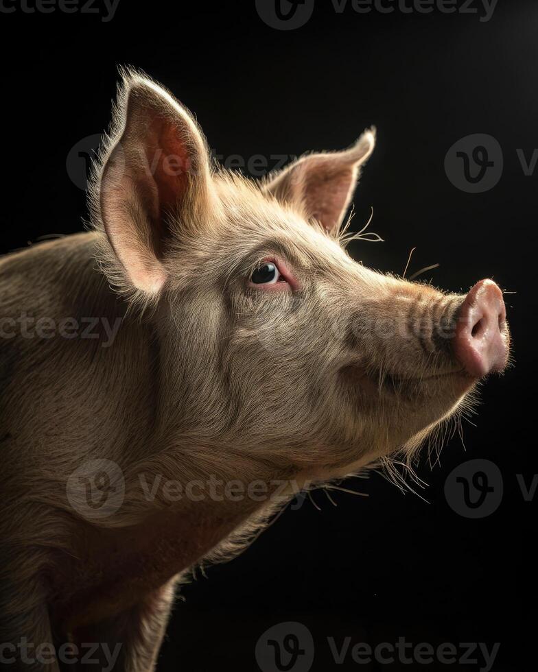 Pigs face captured in a studio with dramatic split lighting showcasing details and textures photo