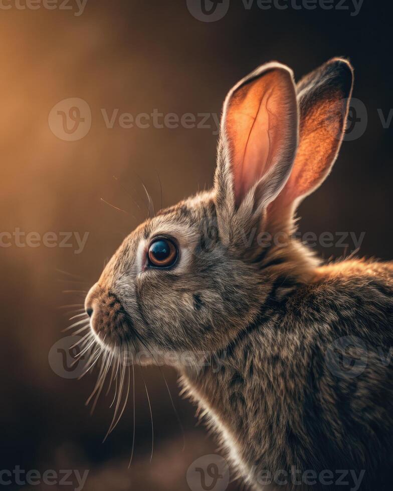 Rabbit relaxing in soft daylight with focus on eye, ear and fur details photo