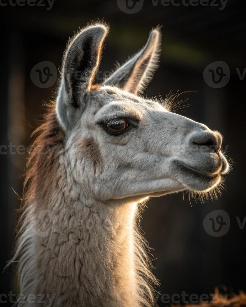Portrait of a llama with striking features captured in warm, natural light photo