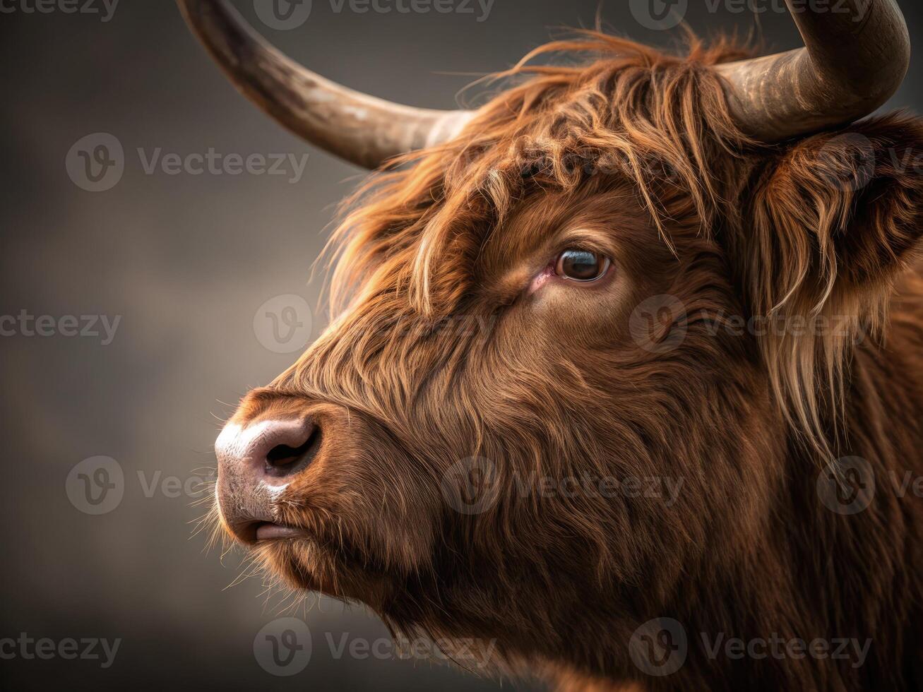 Highland cow with dramatic lighting showcasing its unique features and gentle demeanor photo