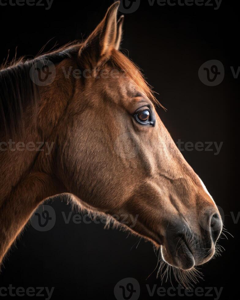 Elegant horse muzzle and eye highlighted with warm tones in soft lighting photo