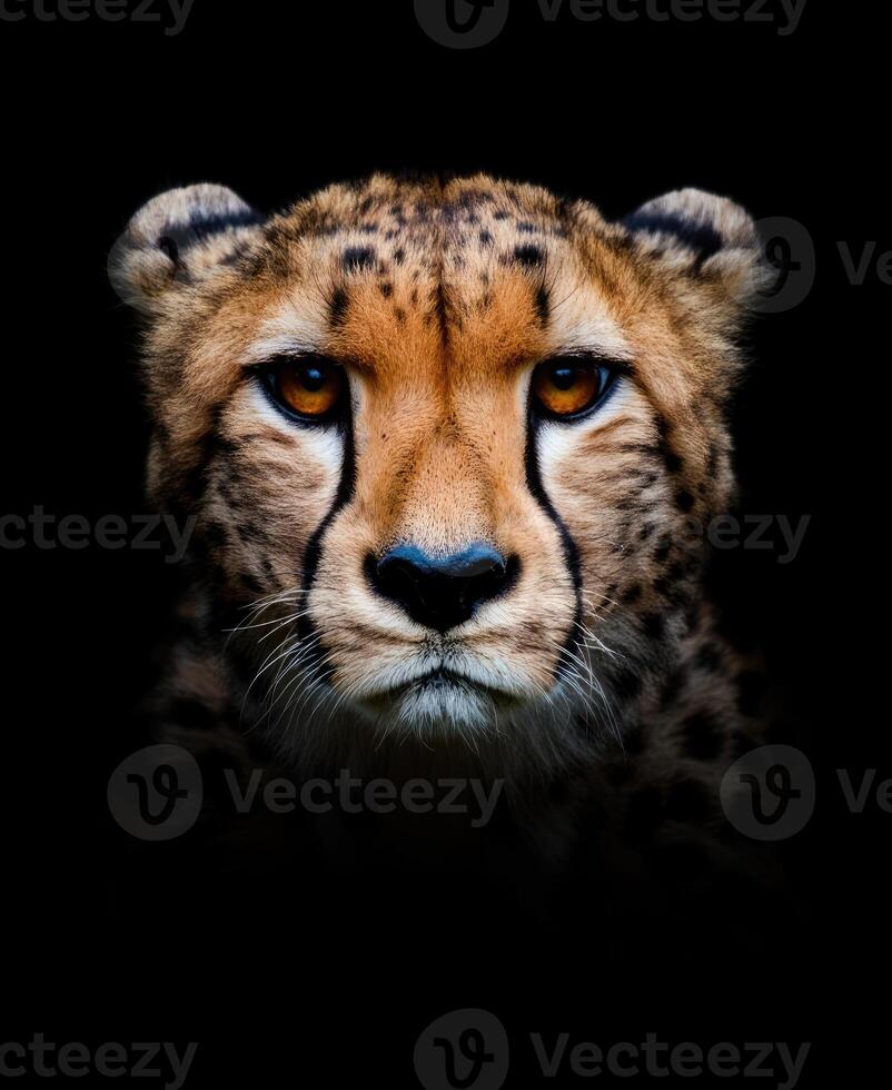Powerful cheetah portrait showcasing fierce gaze in a dark background photo