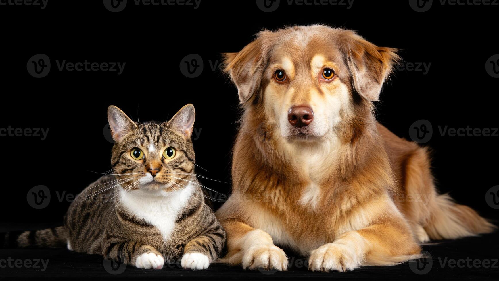 Beloved pets sit together looking at the camera in a studio setting photo