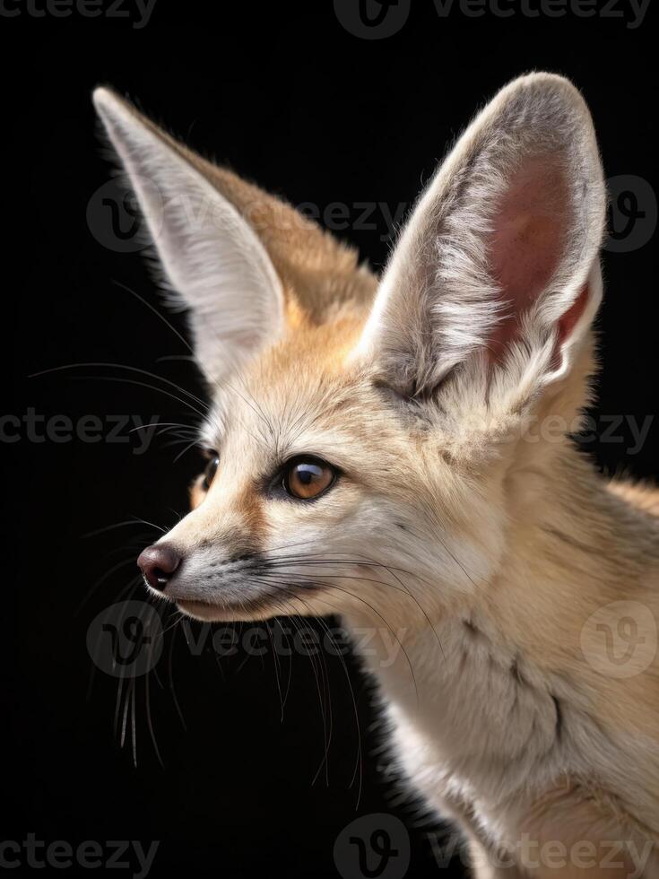 Fennec fox illuminated from above creating dramatic shadows on its face photo