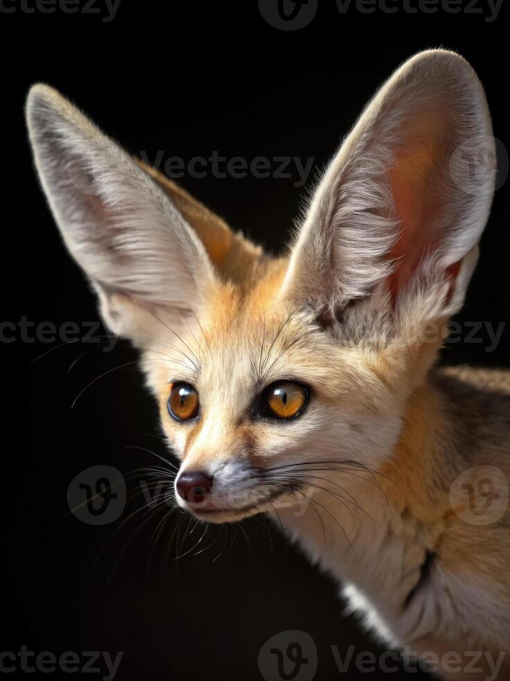Fennec fox with large ears gazes into the shadows in a desert habitat at dusk photo